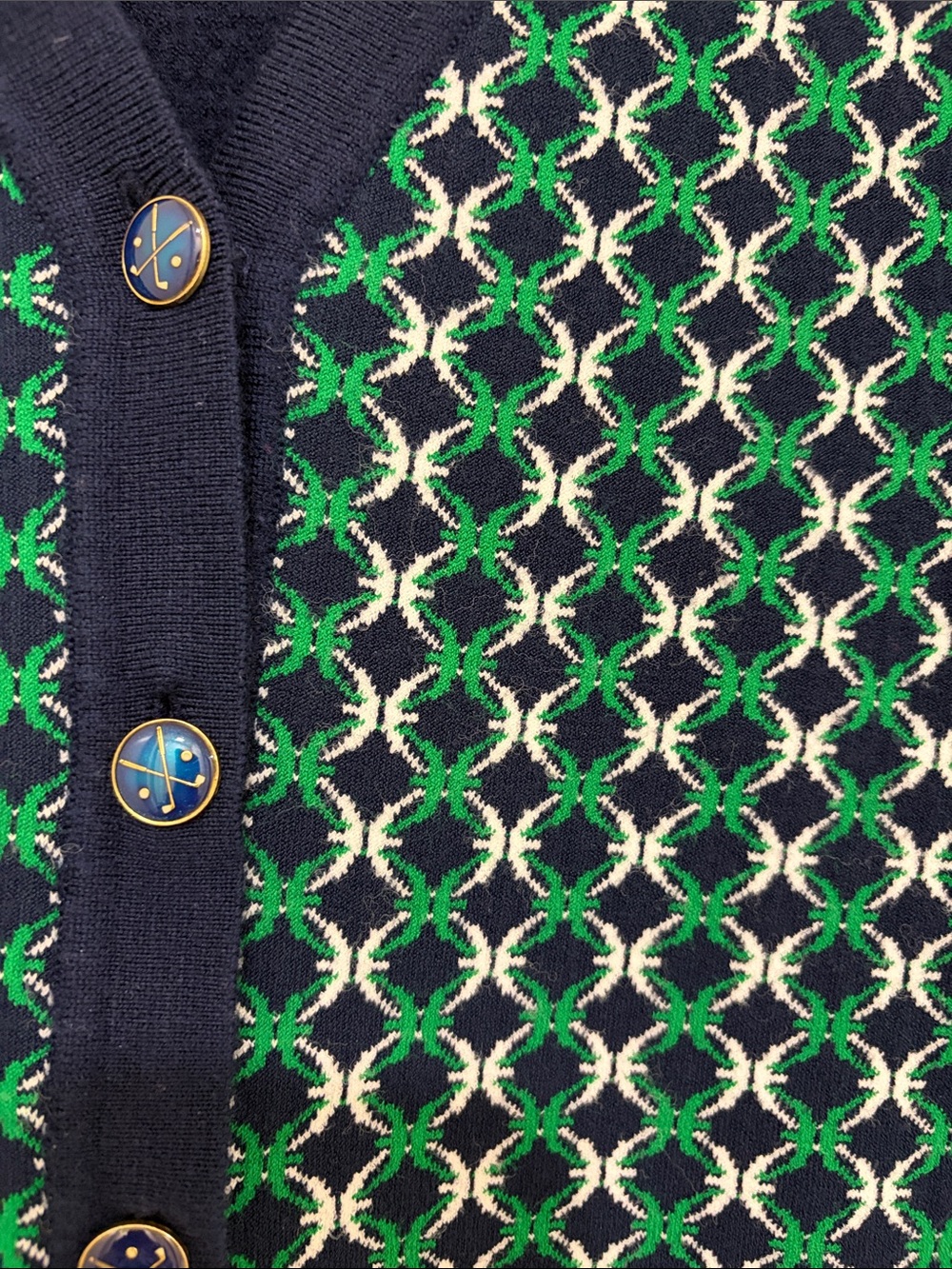 Tory Sport Navy Cardigan with Green & White Geometric Front - Picture 7 of 7